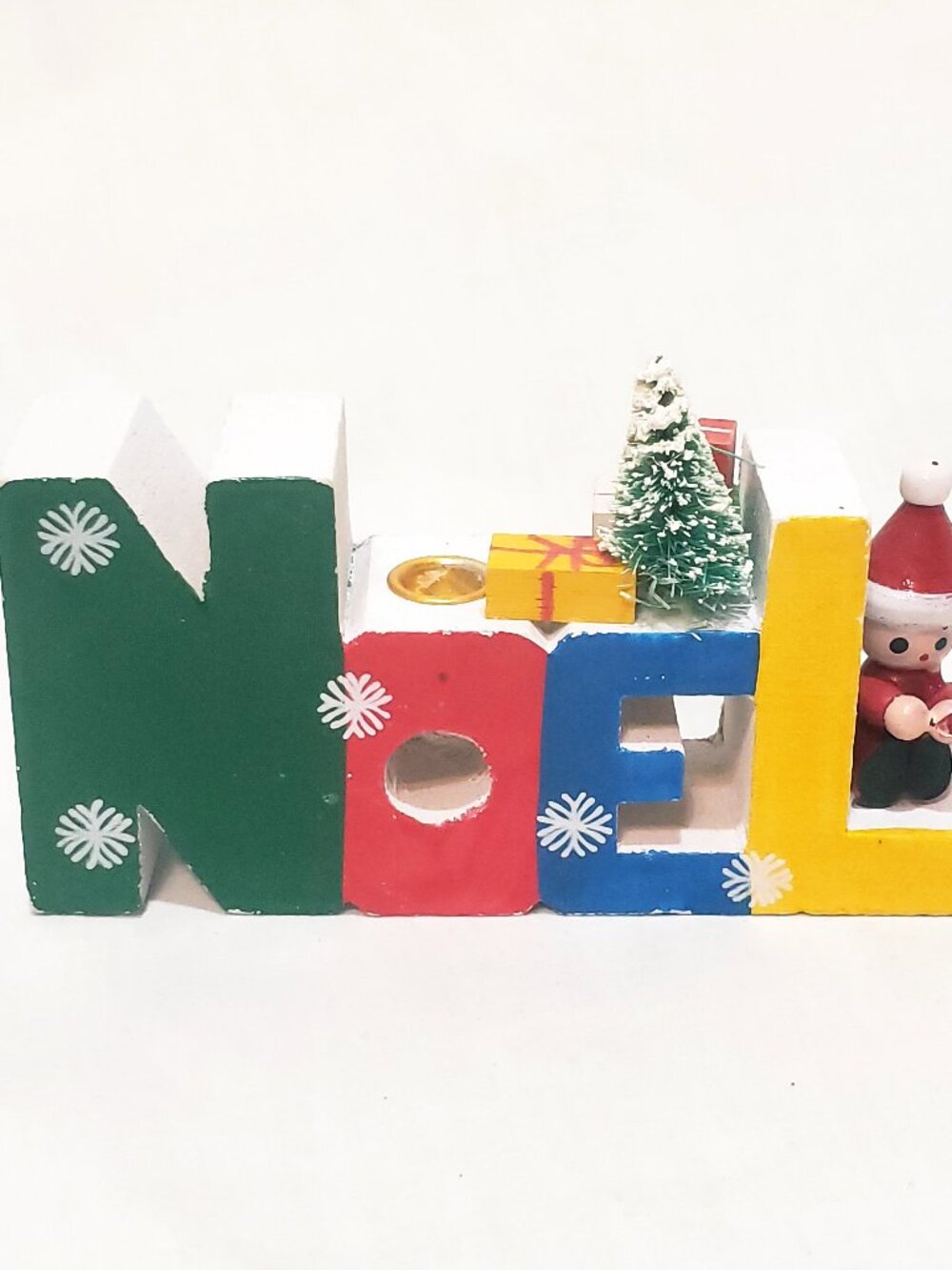 NOEL Wooden Christmas Candle Holder 2.5" Bottlebrush Tree Santa New Design